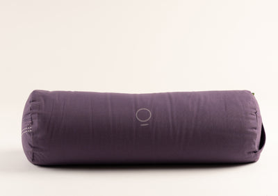 Purple yoga bolster, front view with logo in the middle.